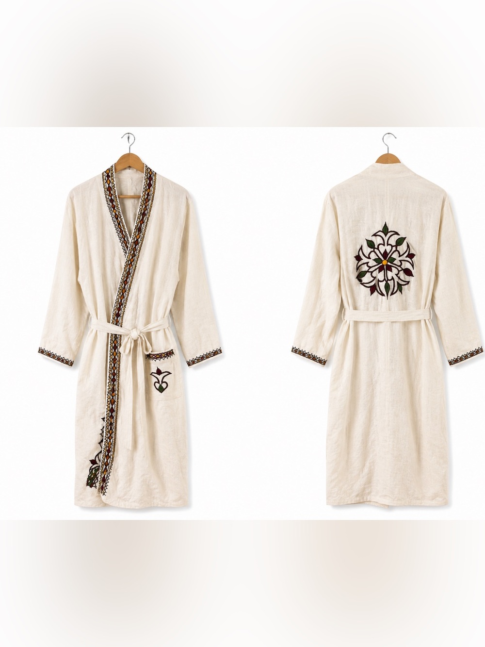 Cream Cotton Embroidered Boho Kimono Duster Robe Tie Waist
